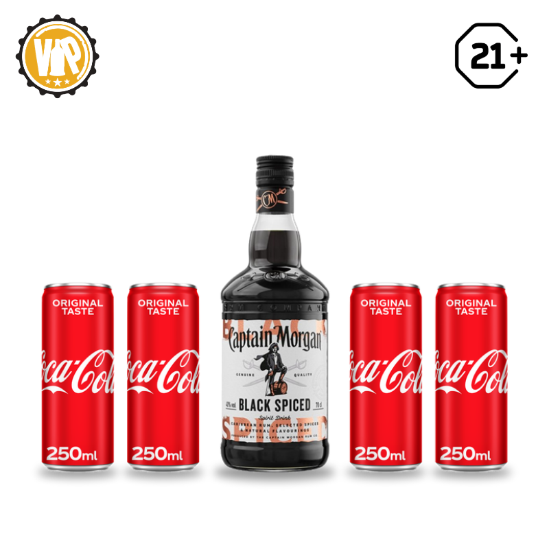 Captain Morgan Black Spiced 700ml + 4 Coca-Cola Can